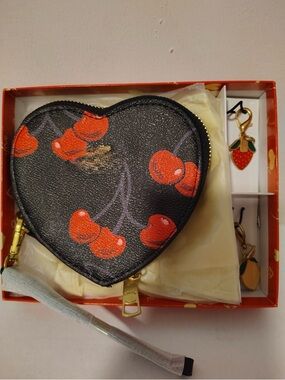Heart Cherry Coin Purse - Black with Red Cherry Print